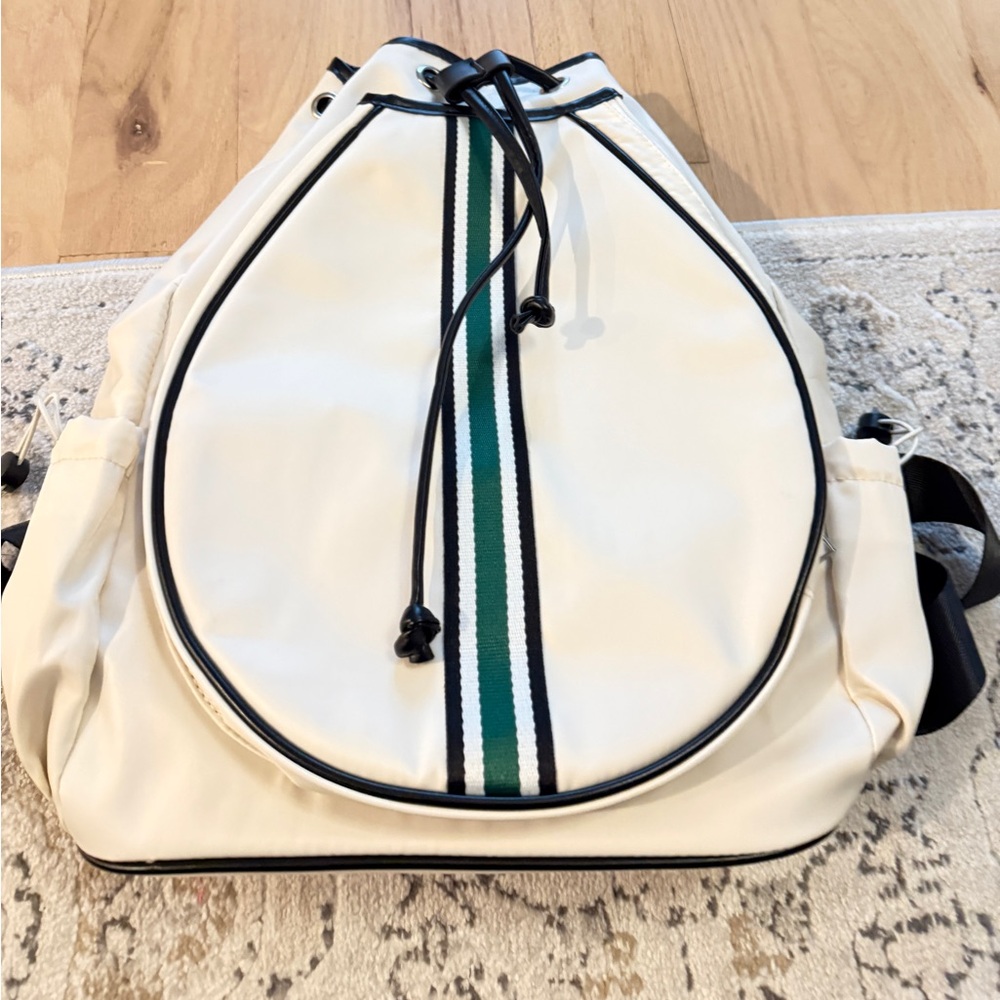 Loven Cream Drawstring tennis Backpack with Green Stripe